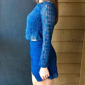 2 piece blue lace shirt and skirt set